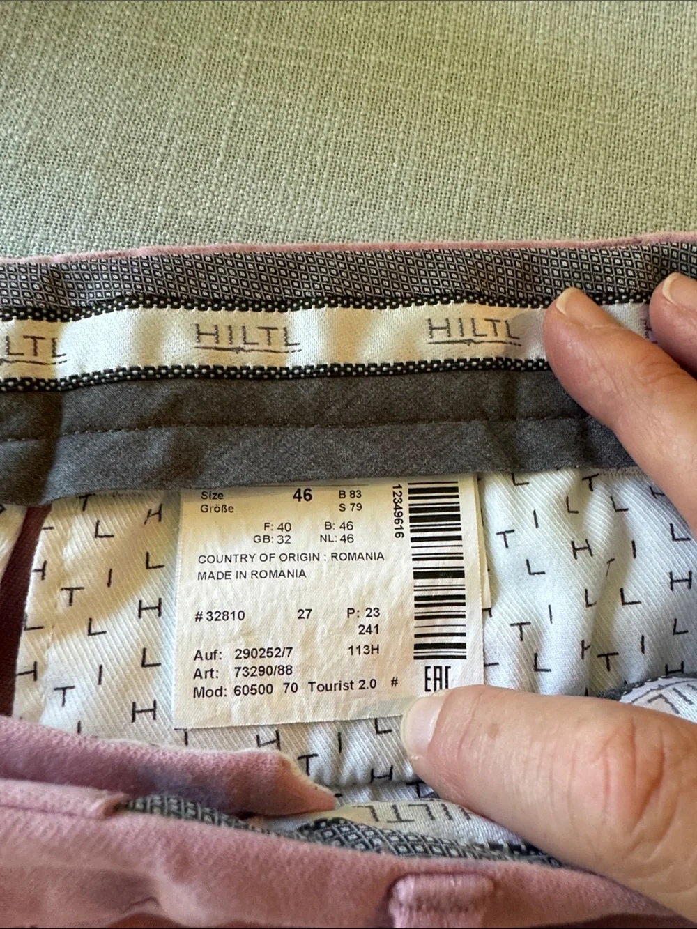 Hiltl men’s pink pants, waist size on tag 46.